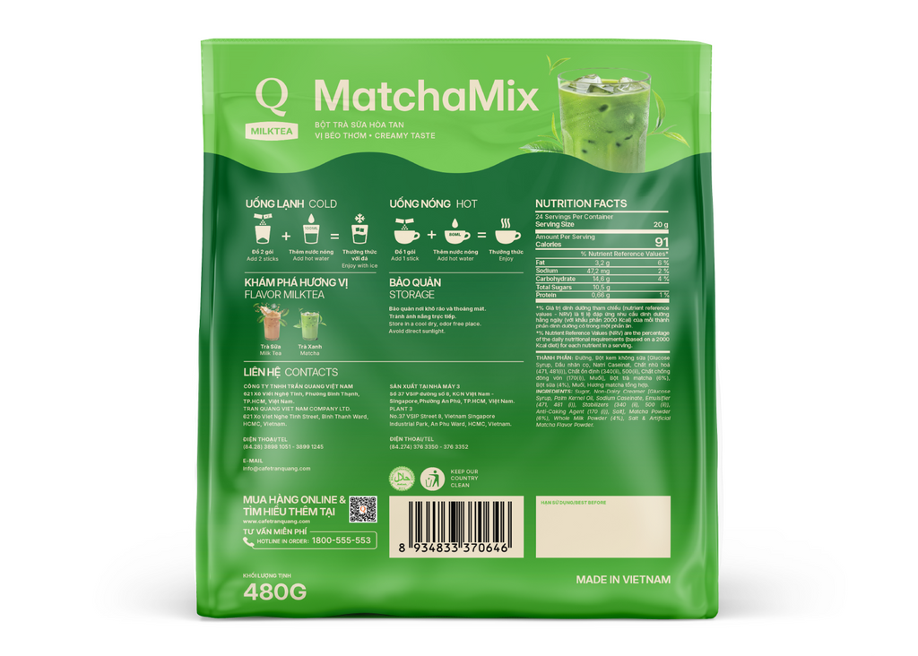 Tran Quang Cafe MatchaMix Milk Tea 24 Sticks Vietnamese Matcha Tea