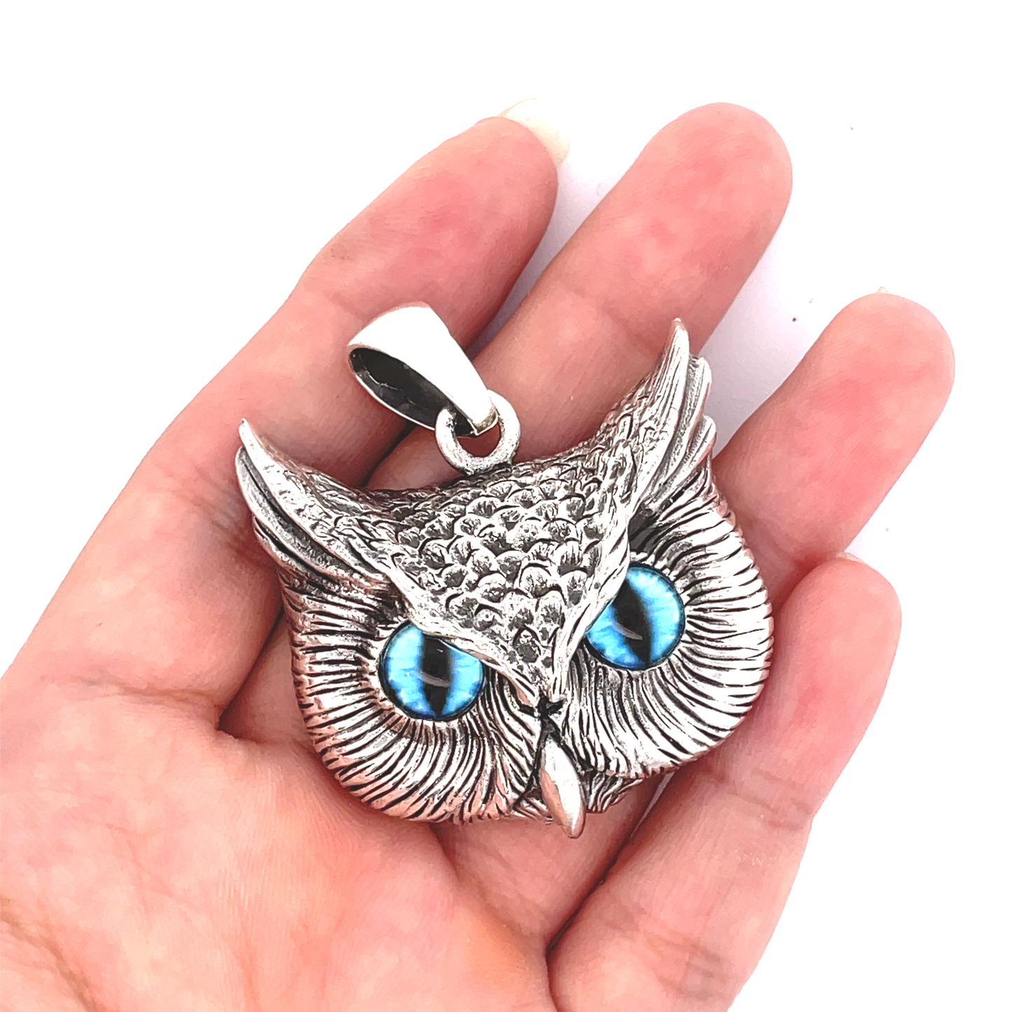 Vintage Gothic Owl Blue Eyes Large Size Sterling Silver Pendant Necklace