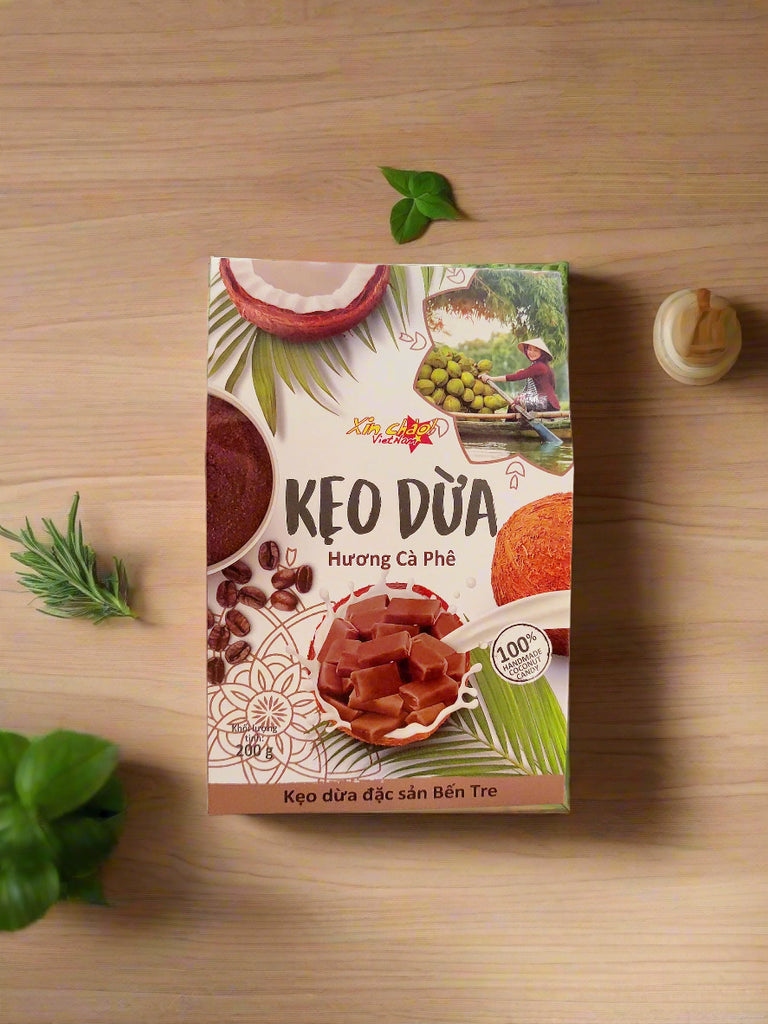 Xin Chào Việt Nam Coconut Candy Box With Traditional/ Durian/ Coffee -Flavored Coconut Candy 200g