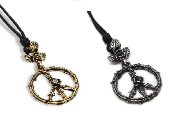Peace Sign Roses Handmade Pewter Gold Brass Necklace Pendant Jewelry
