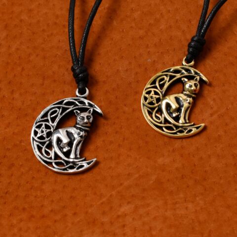 Celtic Moon and Cat Silver Pewter Gold Brass Charm Necklace Pendant Jewelry