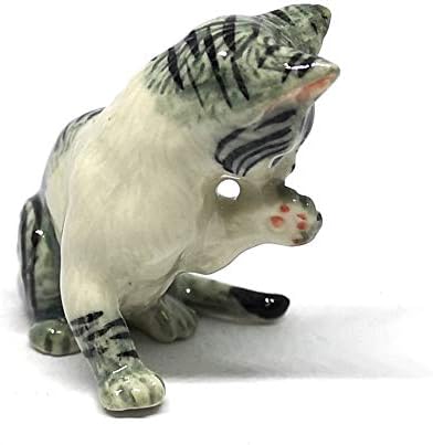 Grey Tabby & Brown Burmese Cat Ceramic Figurine Porcelain Handmade Home Decor Collection