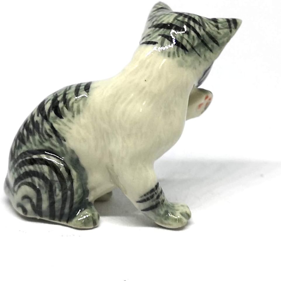 Grey Tabby & Brown Burmese Cat Ceramic Figurine Porcelain Handmade Home Decor Collection