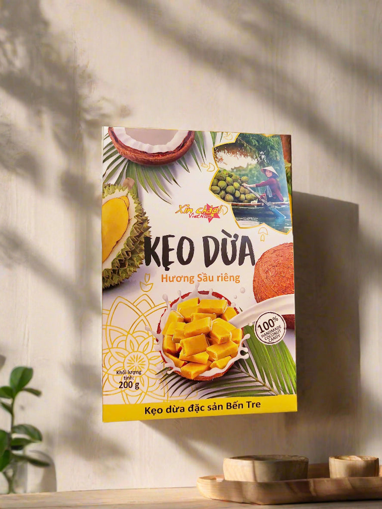 Xin Chào Việt Nam Coconut Candy Box With Traditional/ Durian/ Coffee -Flavored Coconut Candy 200g