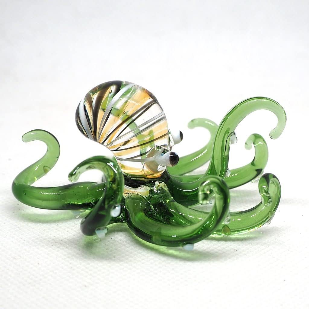 Glass Sea Octopus Figurine Green Miniature Hand Blown Coastal Style Home Decor Gift Collectible