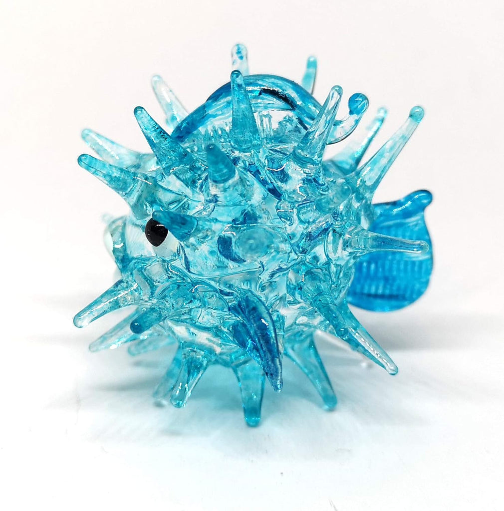 Blown Glass Figurines Green & Blue Puffer Fish Tiny Aquarium Miniature Handmade Decor