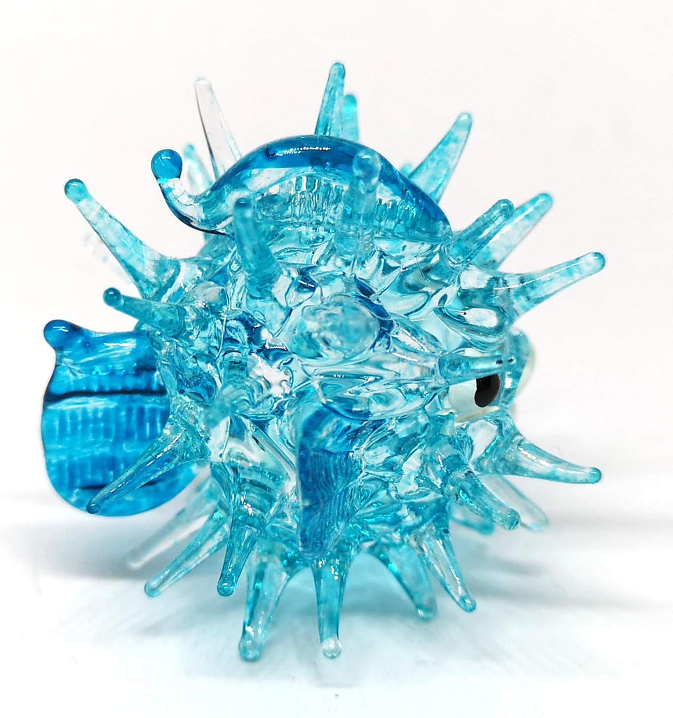 Blown Glass Figurines Green & Blue Puffer Fish Tiny Aquarium Miniature Handmade Decor