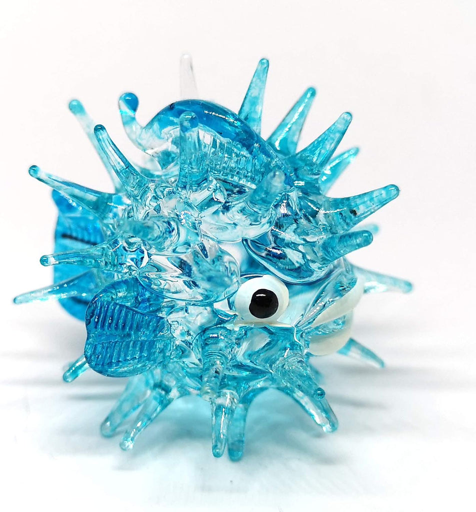 Blown Glass Figurines Green & Blue Puffer Fish Tiny Aquarium Miniature Handmade Decor