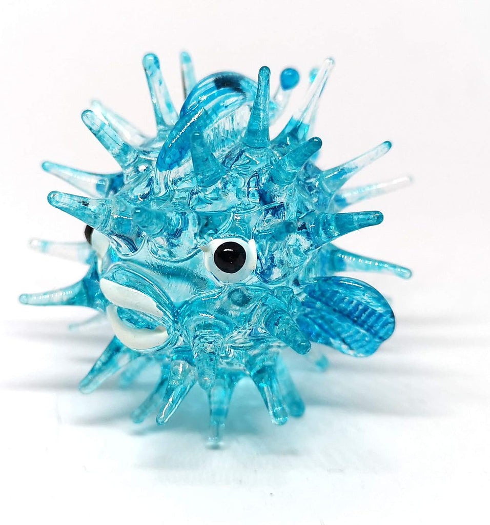 Blown Glass Figurines Green & Blue Puffer Fish Tiny Aquarium Miniature Handmade Decor