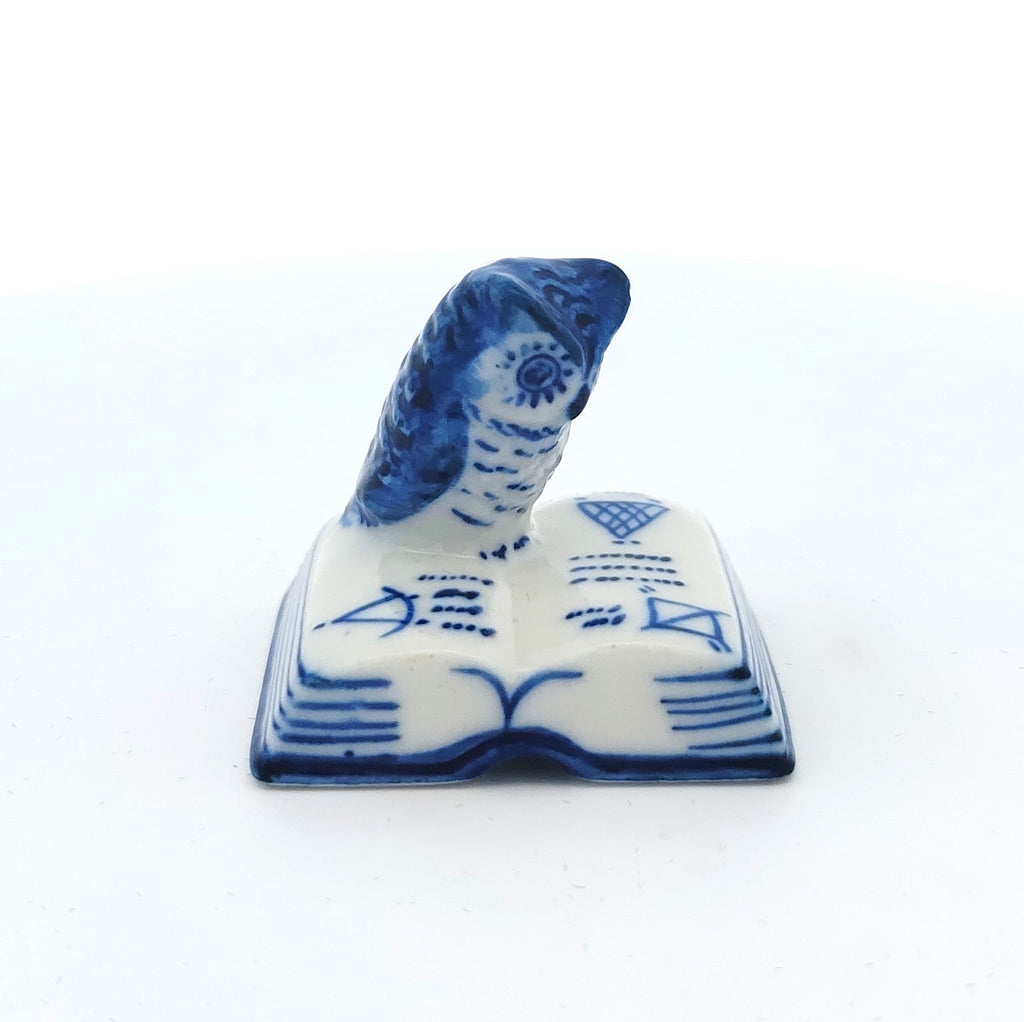 Blue Owl Bird On the Book Figurine Ceramic Tiny Handicraft Miniature Dollhouse