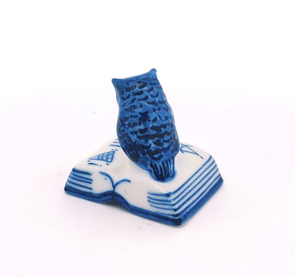 Blue Owl Bird On the Book Figurine Ceramic Tiny Handicraft Miniature Dollhouse