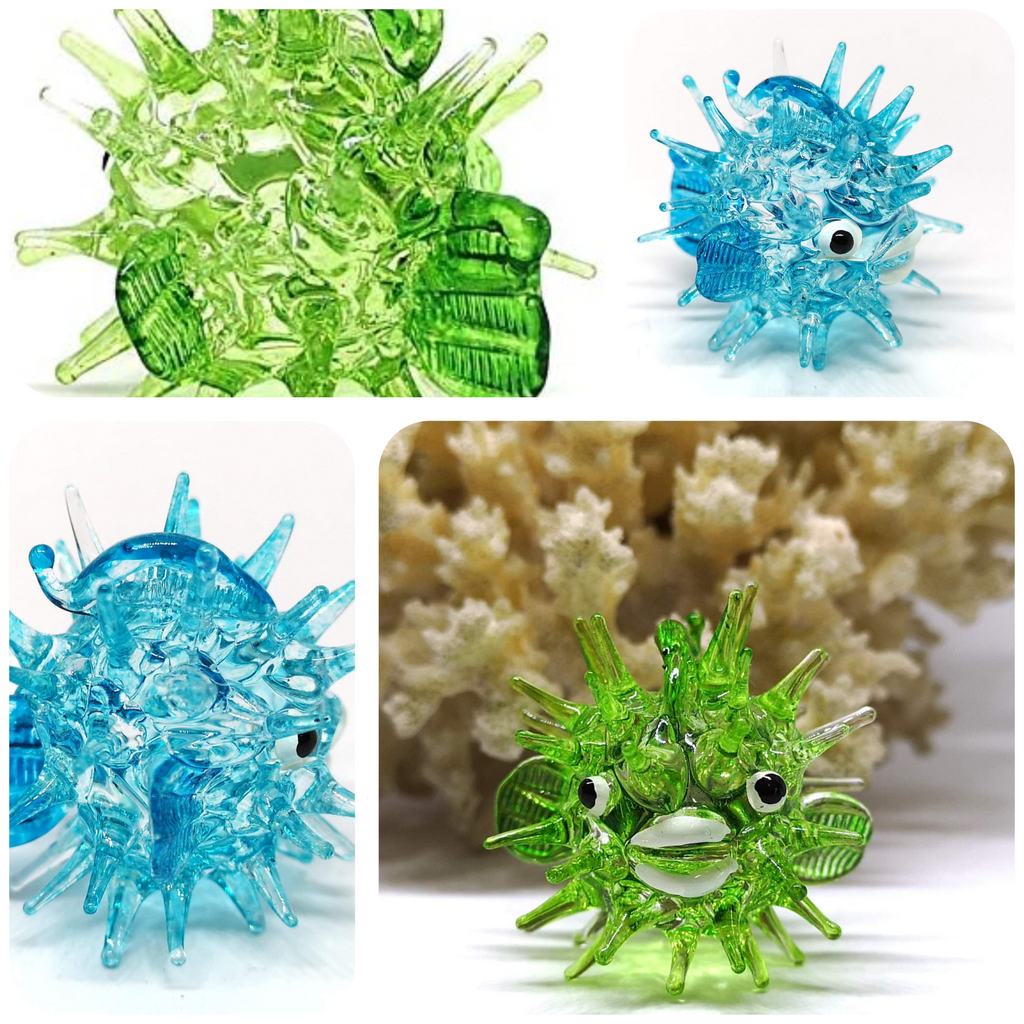 Blown Glass Figurines Green & Blue Puffer Fish Tiny Aquarium Miniature Handmade Decor