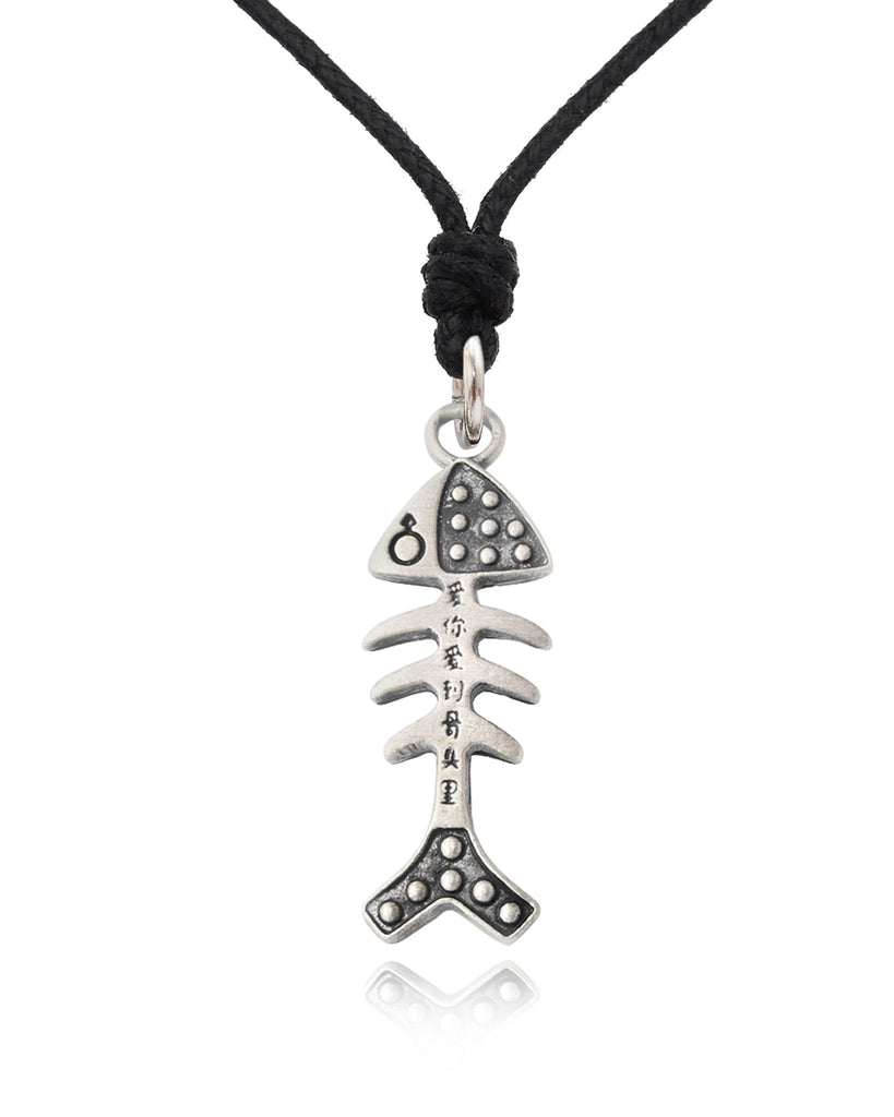 Chinese Text Fish Skeleton Silver Pewter Charm Necklace Pendant Jewelry