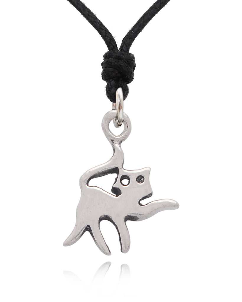 Cat Feline Silver Pewter Sterling Silver Charm Necklace Pendant Jewelry With Cotton Cord