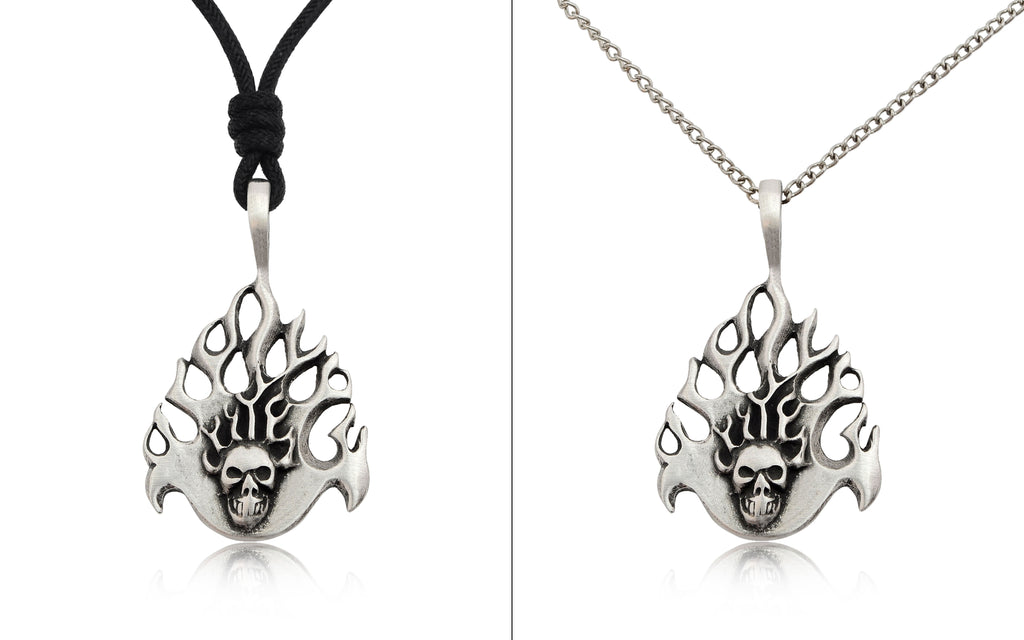 Fire Skull Head Handmade Silver Pewter Brass Necklace Pendant Jewelry