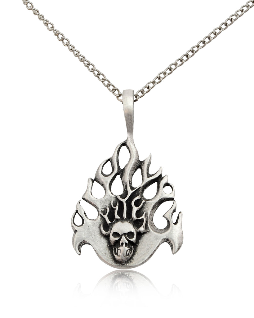 Fire Skull Head Handmade Silver Pewter Brass Necklace Pendant Jewelry