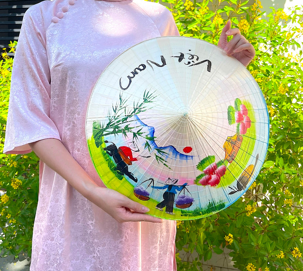 Genuine Hand-Painted Non La Leaf Vietnamese Conical Hat Asian Farming Traditional