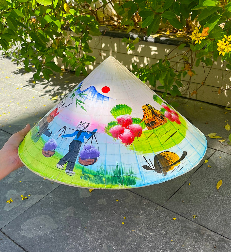 Genuine Hand-Painted Non La Leaf Vietnamese Conical Hat Asian Farming Traditional