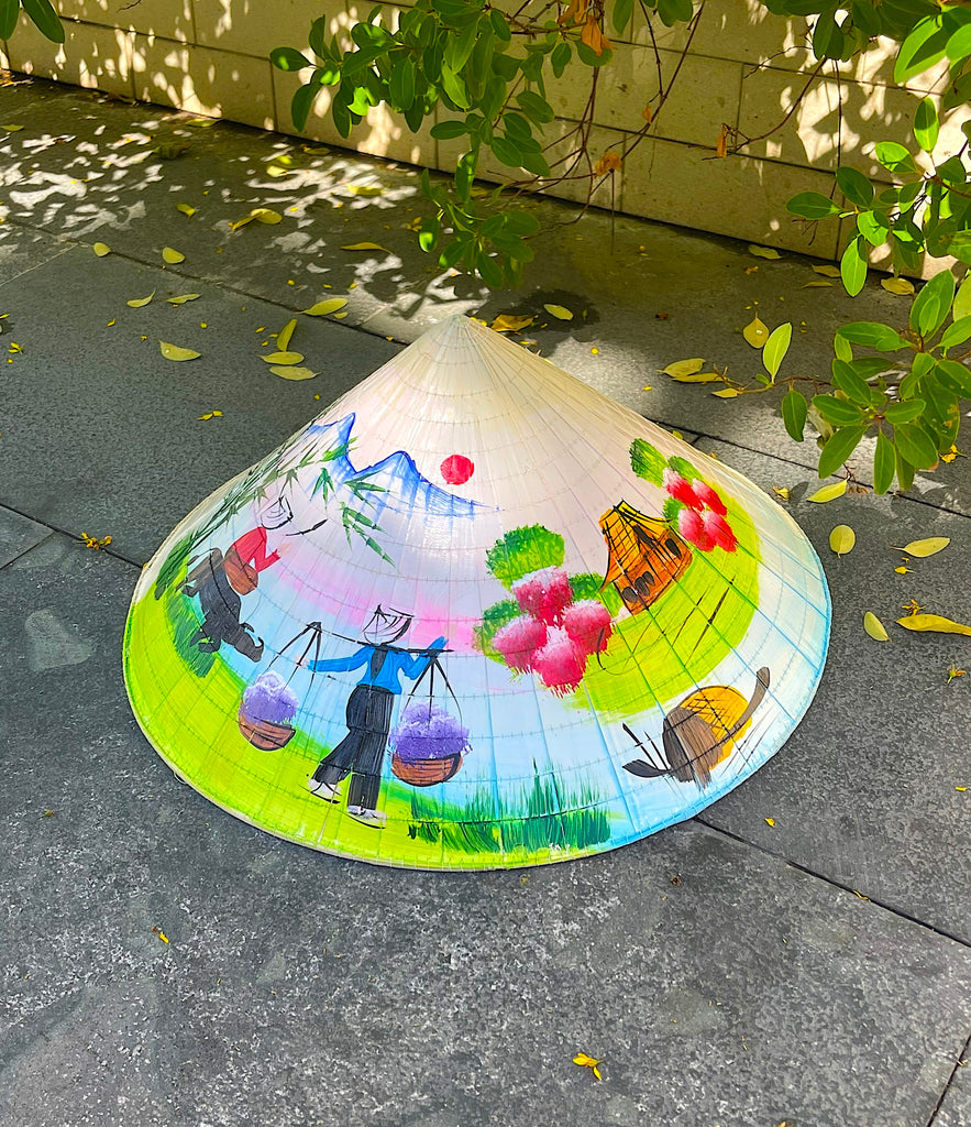 Genuine Hand-Painted Non La Leaf Vietnamese Conical Hat Asian Farming Traditional