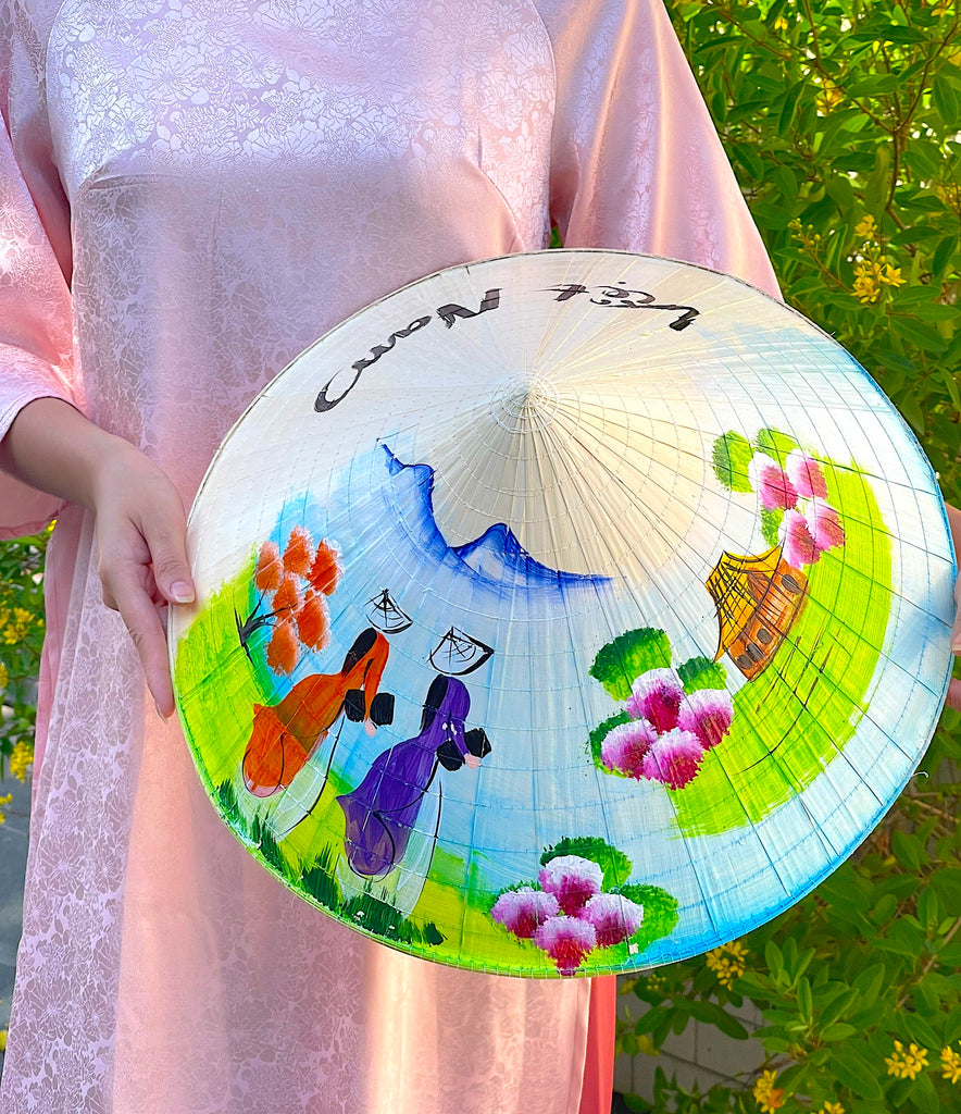 Genuine Hand-Painted Non La Leaf Vietnamese Conical Hat Asian Farming Traditional