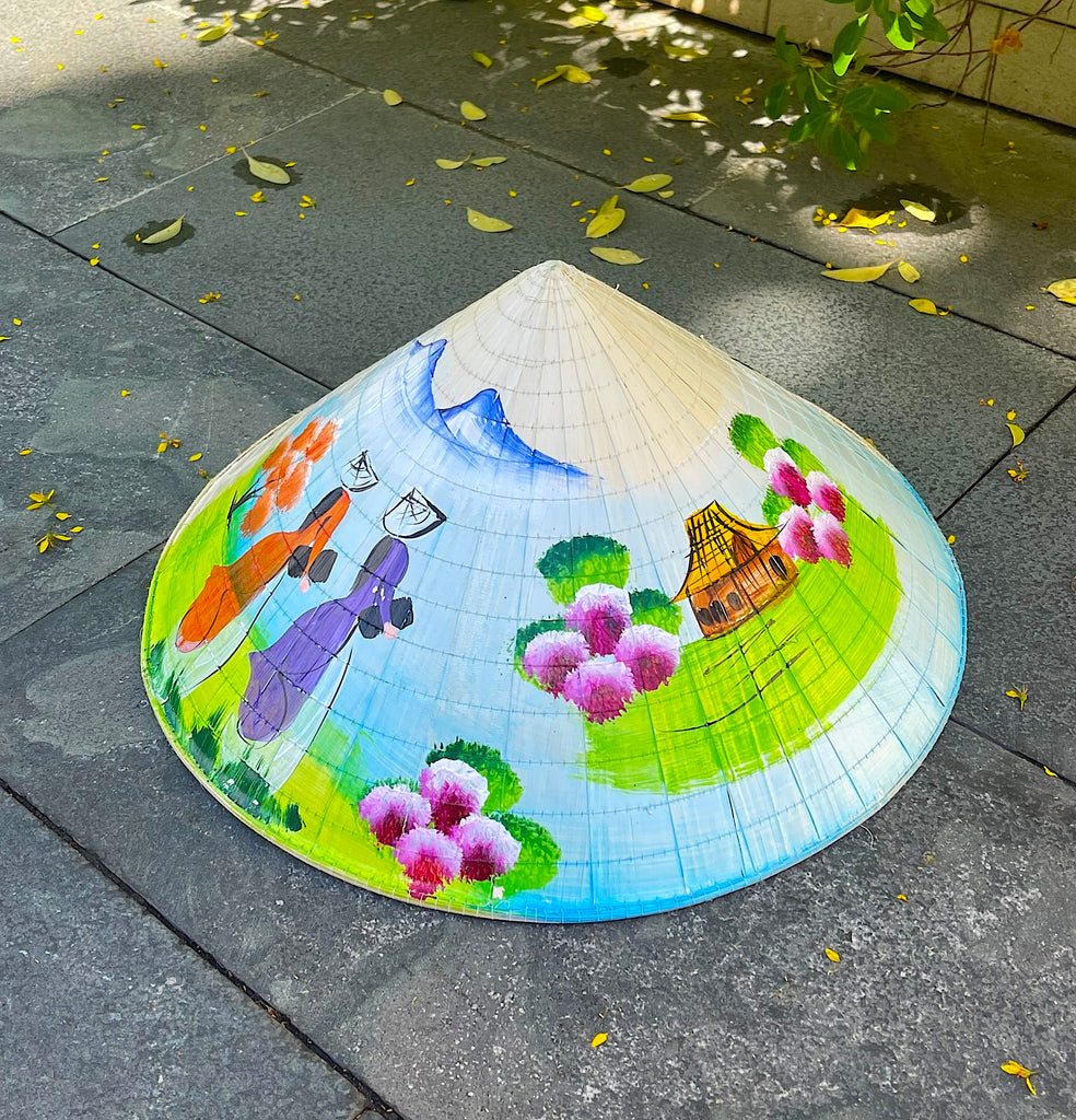 Genuine Hand-Painted Non La Leaf Vietnamese Conical Hat Asian Farming Traditional