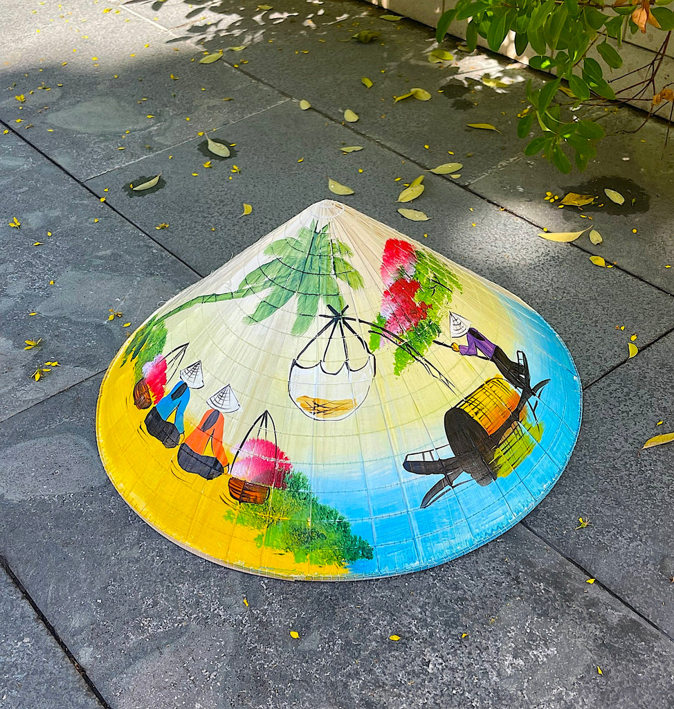 Genuine Hand-Painted Non La Leaf Vietnamese Conical Hat Asian Farming Traditional
