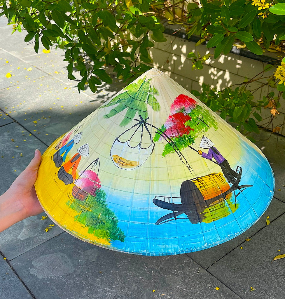 Genuine Hand-Painted Non La Leaf Vietnamese Conical Hat Asian Farming Traditional