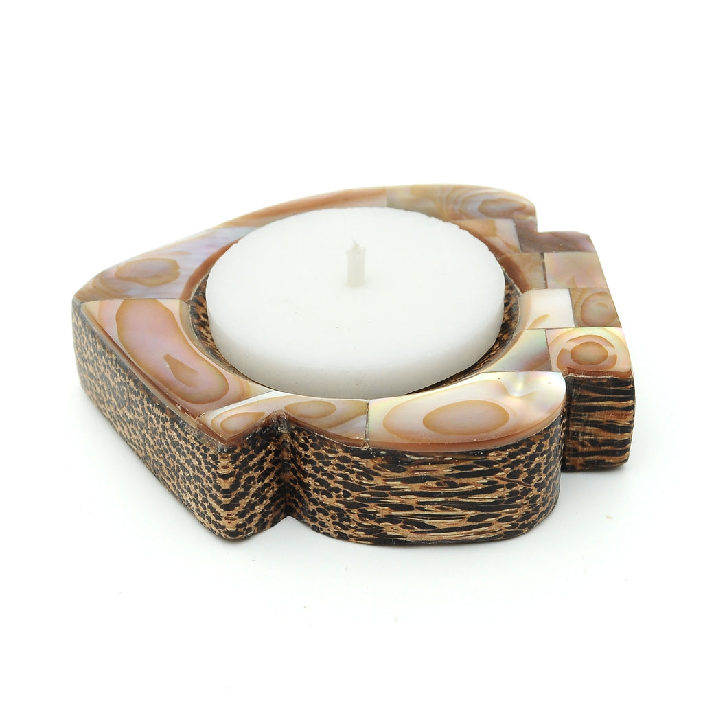 Fish Shaped Palm Wood Tealight Candle Holder Pink Mother of Pearl Inlay