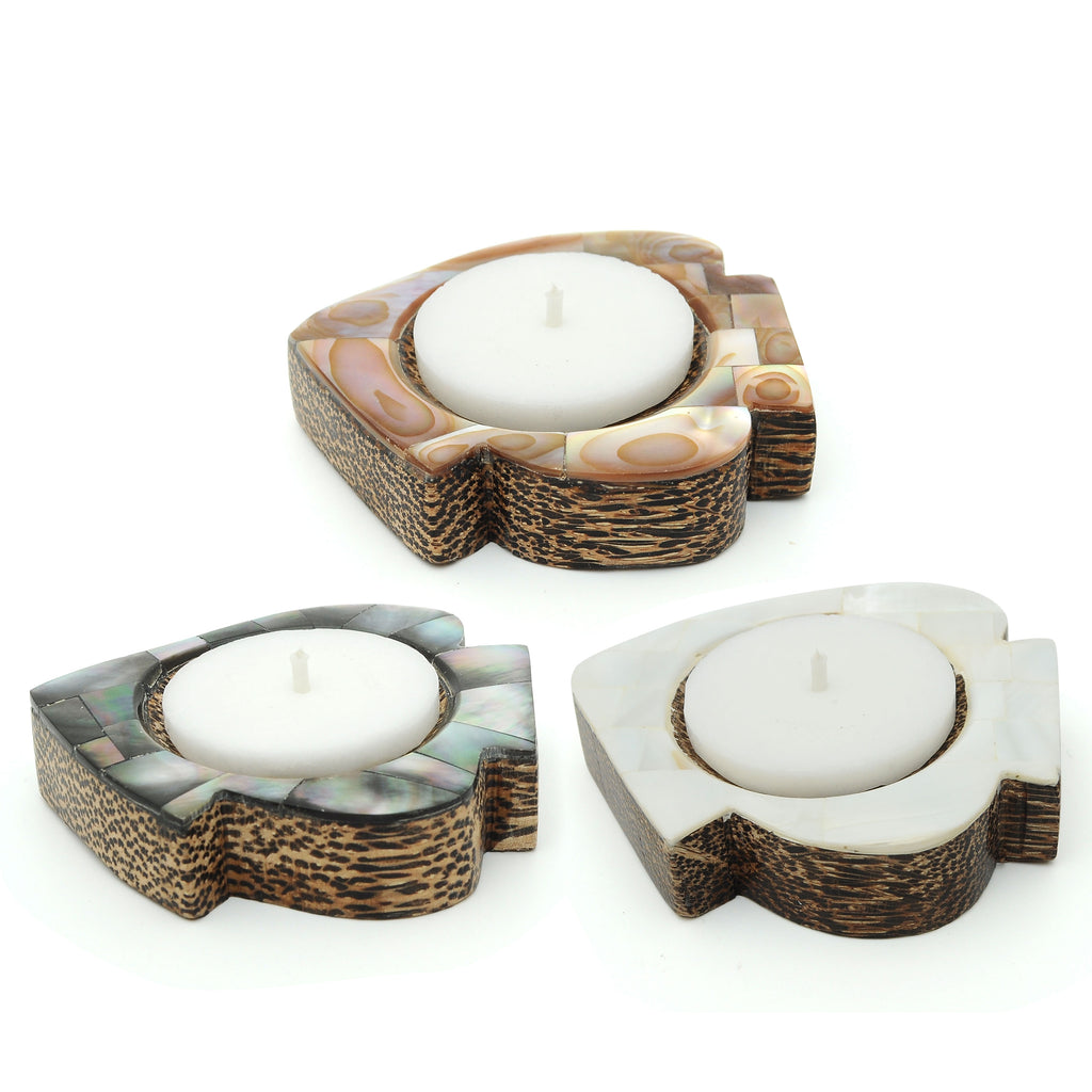 Fish Shaped Palm Wood Tealight Candle Holder Pink Mother of Pearl Inlay