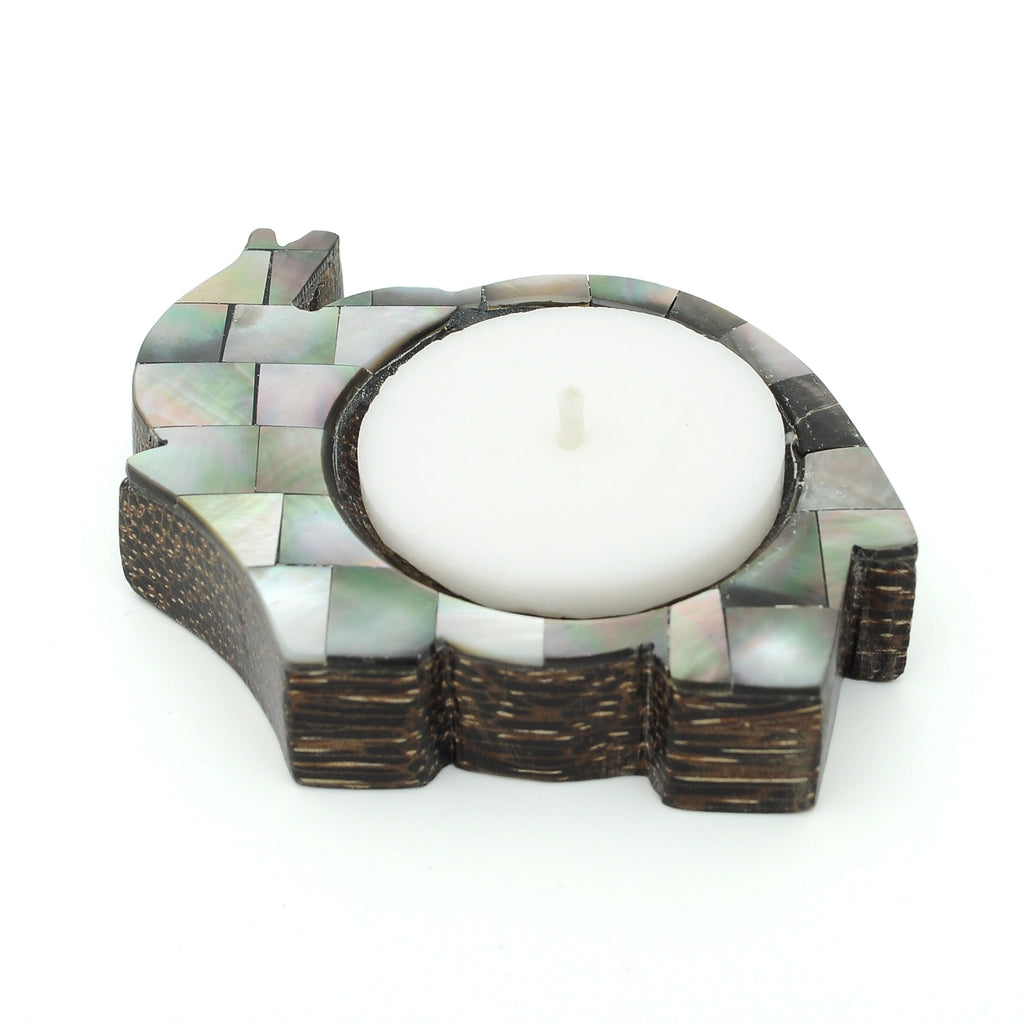 Elephant Shaped Palm Wood Tealight Candle Holder White Mother of Pearl Inlay