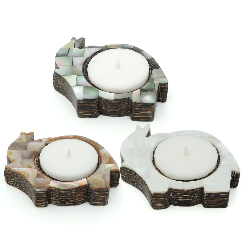 Elephant Shaped Palm Wood Tealight Candle Holder White Mother of Pearl Inlay