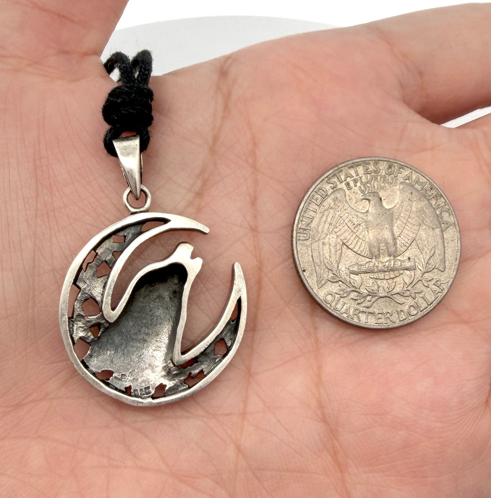 Wolf Howling Moon Indian 92.5 Sterling Silver Charm Necklace Pendent Jewelry