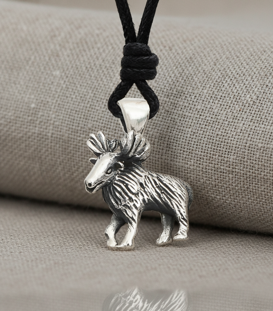 Reindeer Moose Silver Pewter Charm Necklace Pendant Jewelry With Cotton Cord