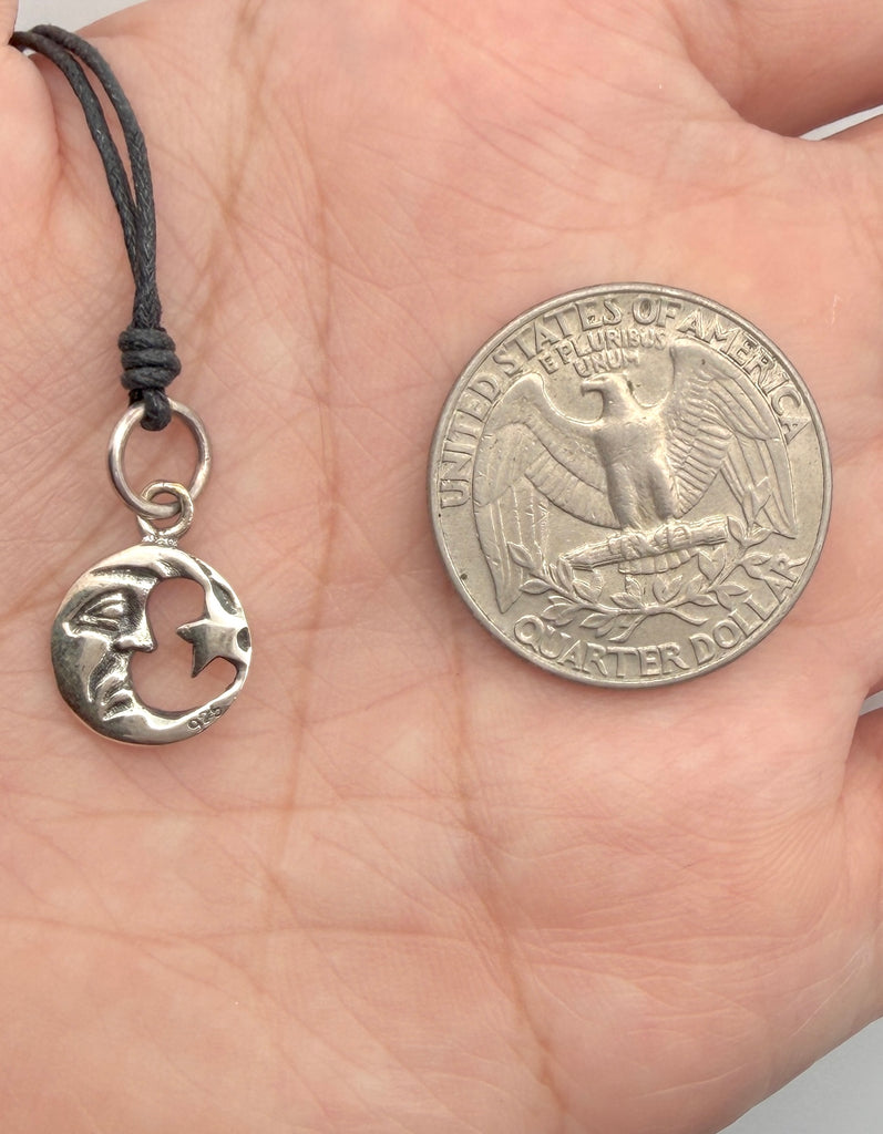 Moon & Star Silver Pewter Sterling Silver Charm Necklace Pendant Jewelry With Cotton Cord