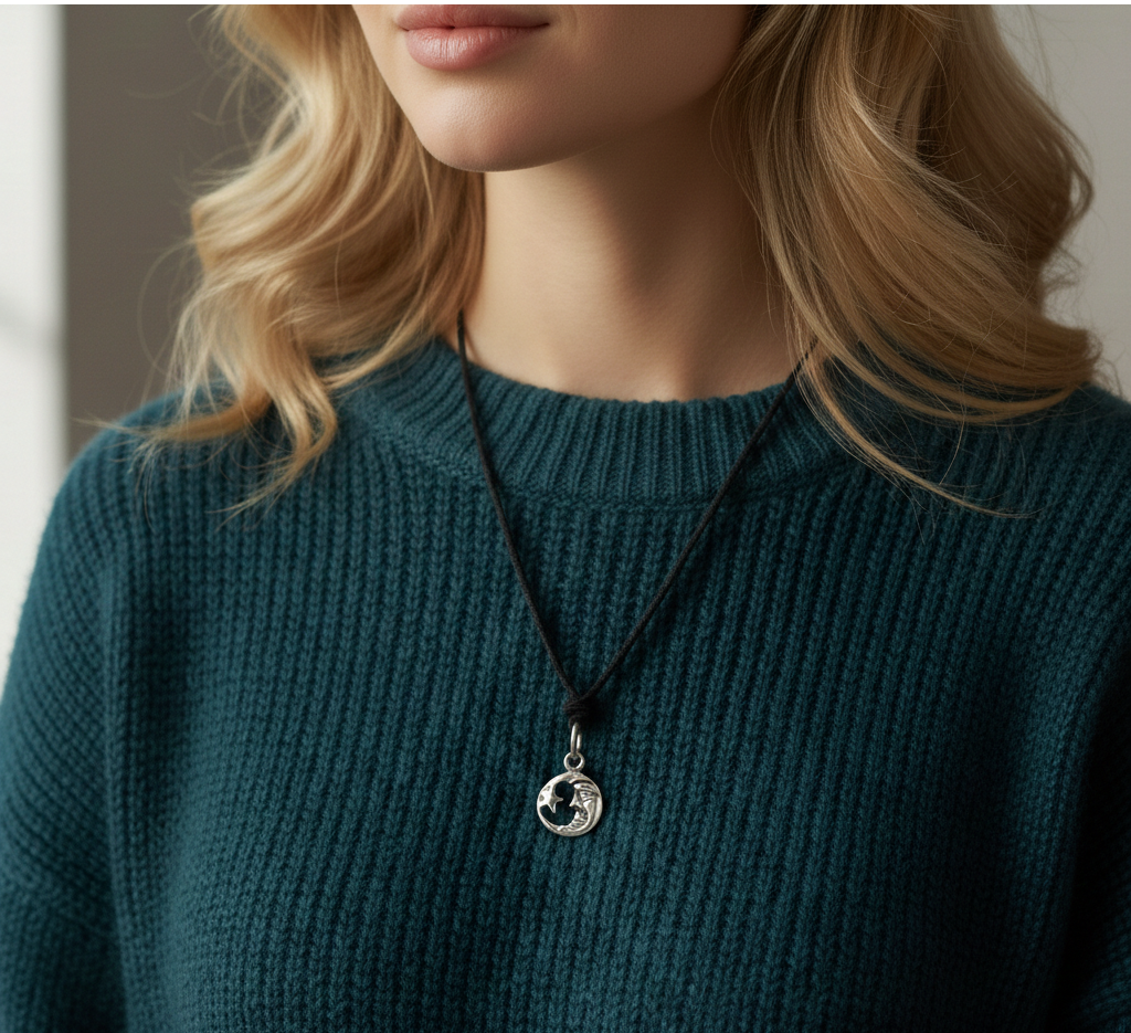 Moon & Star Silver Pewter Sterling Silver Charm Necklace Pendant Jewelry With Cotton Cord