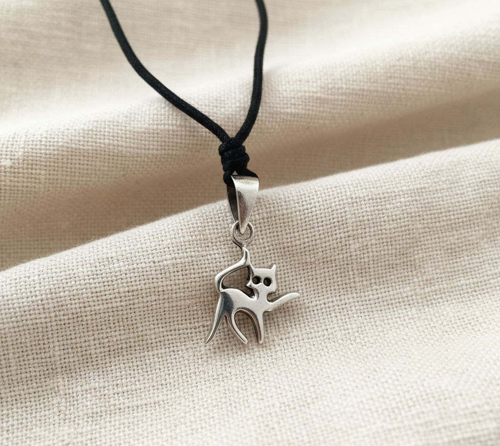 Cat Feline Silver Pewter Sterling Silver Charm Necklace Pendant Jewelry With Cotton Cord