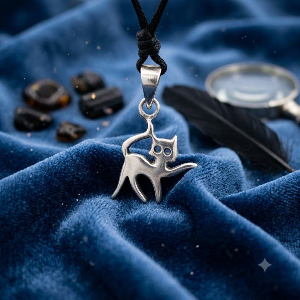Cat Feline Silver Pewter Sterling Silver Charm Necklace Pendant Jewelry With Cotton Cord