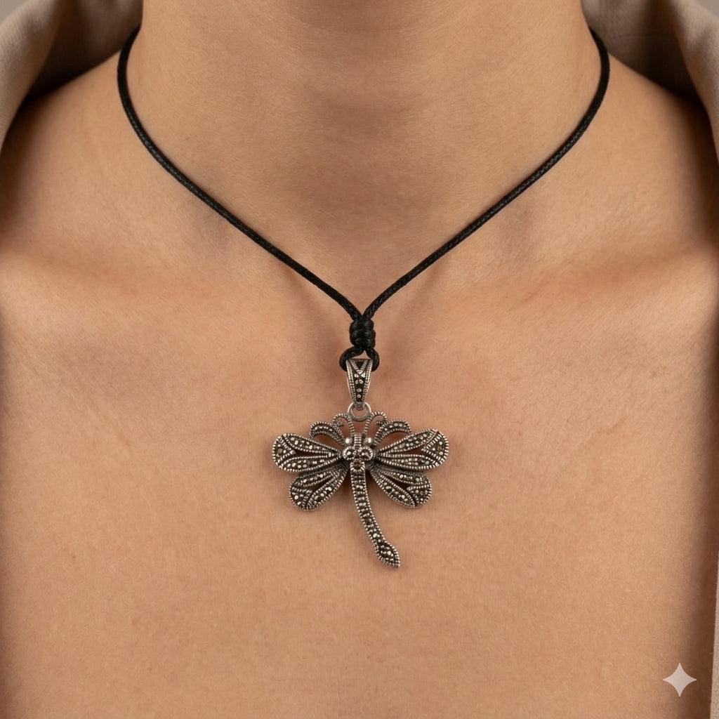 New Dragonfly Silver Pewter Charm Necklace Pendant Jewelry With Cotton Cord