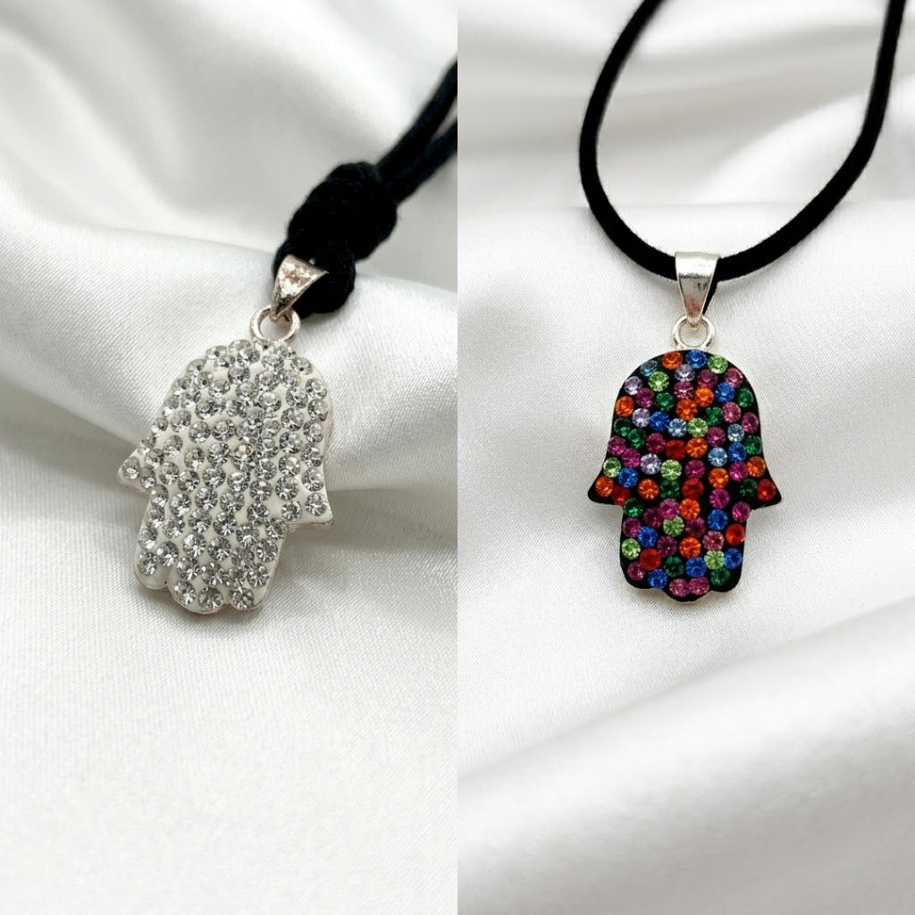 Hamsa Hand multi color 92.5 Sterling Silver Pewter Necklace Pendant Jewelry.