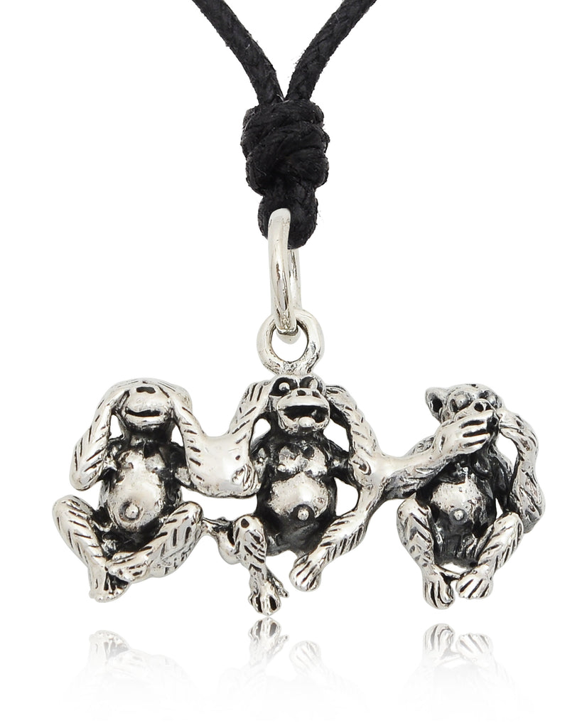 Three Wise Monkey 92.5 Sterling Silver Brass Charm Necklace Pendant Jewelry