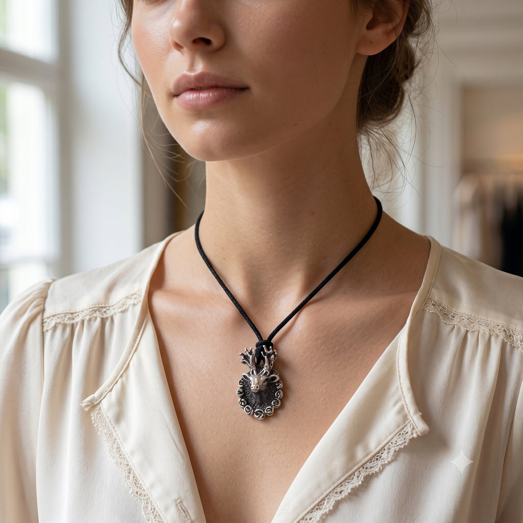 Deer With Round Rose Frame 92.5 Sterling Silver Pewter Brass Charm Necklace Pendant Jewelry