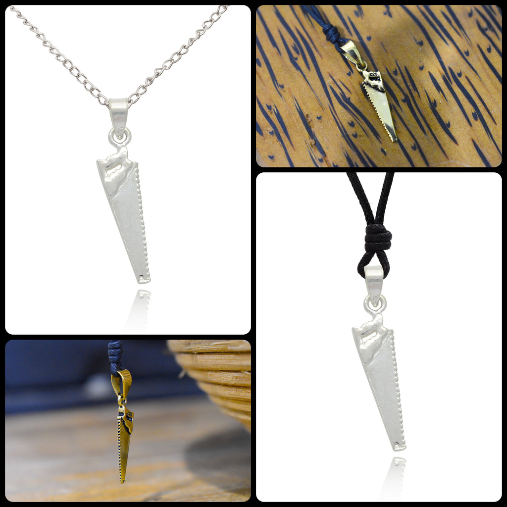 Hand Saw 92.5 Sterling Silver Gold Brass Necklace Pendant Jewelry