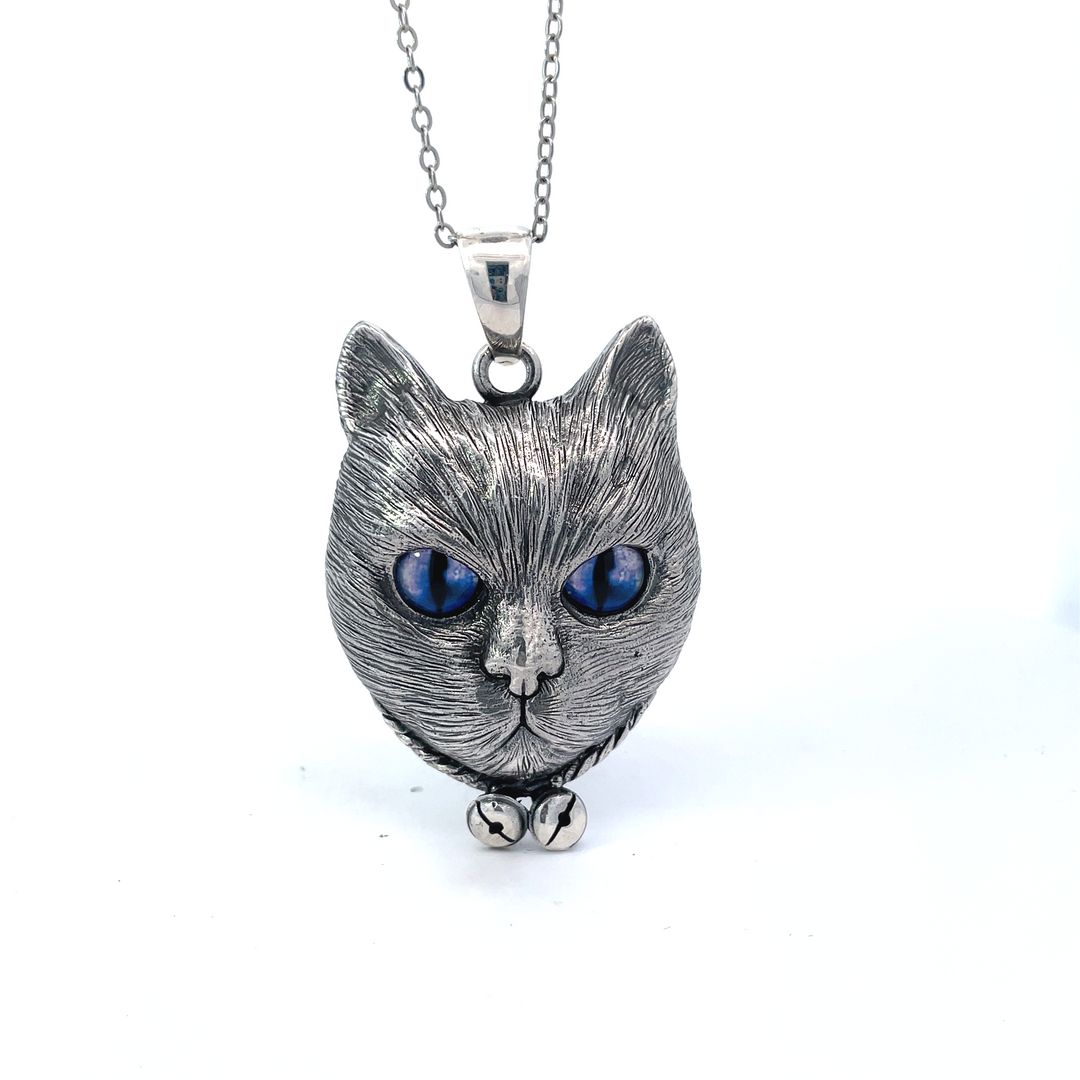 Gorgeous Cat Galaxy Eyes Large Size Sterling Silver Pendant Necklace
