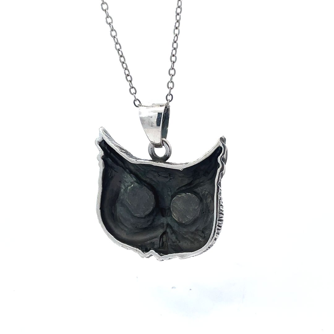 Vintage Gothic Owl Blue Eyes Large Size Sterling Silver Pendant Necklace