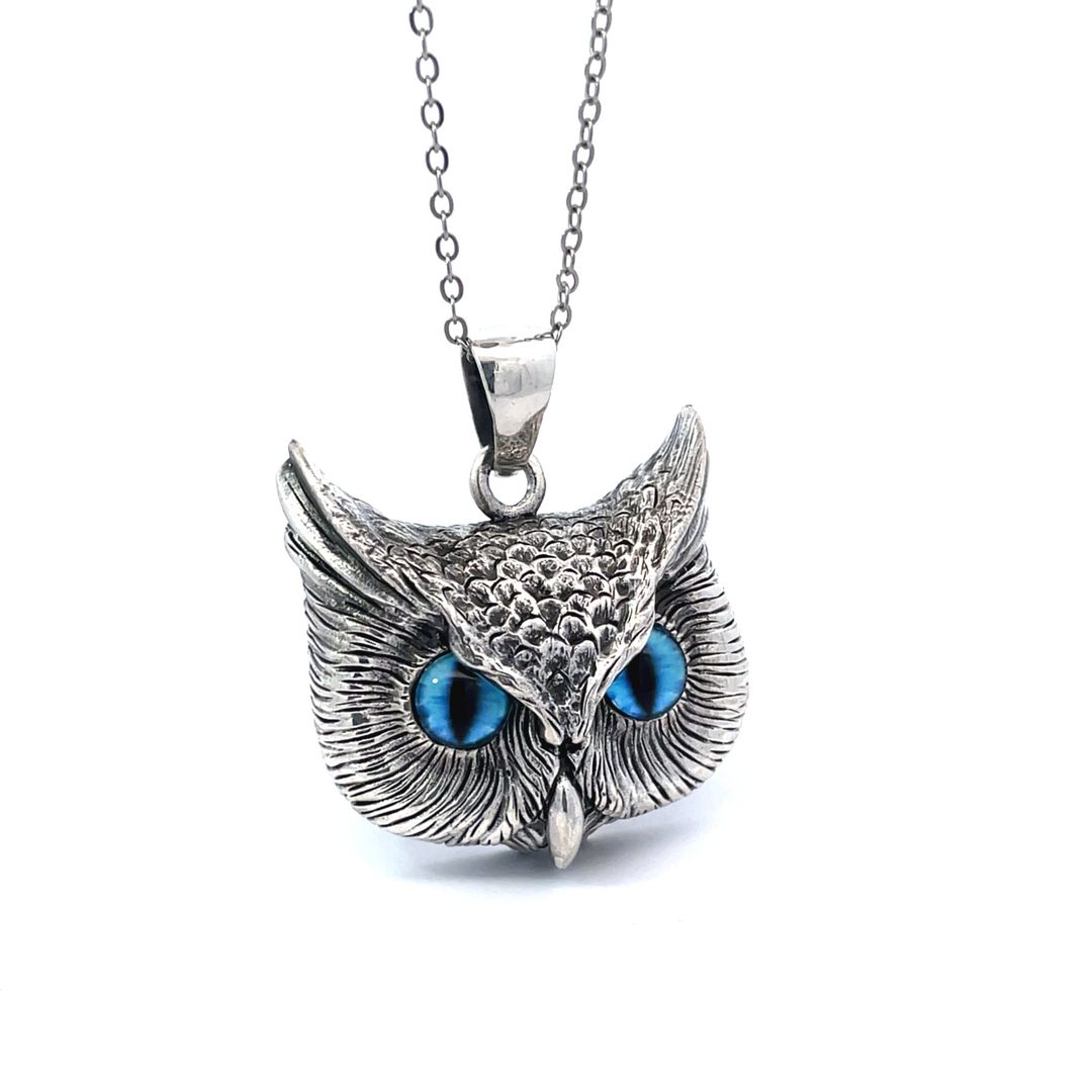 Vintage Gothic Owl Blue Eyes Large Size Sterling Silver Pendant Necklace
