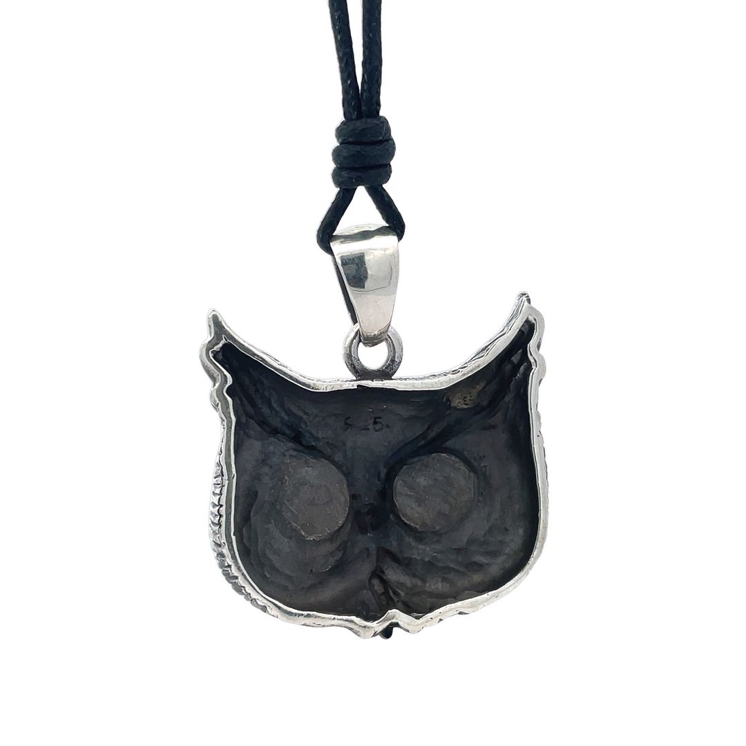 Vintage Gothic Owl Blue Eyes Large Size Sterling Silver Pendant Necklace