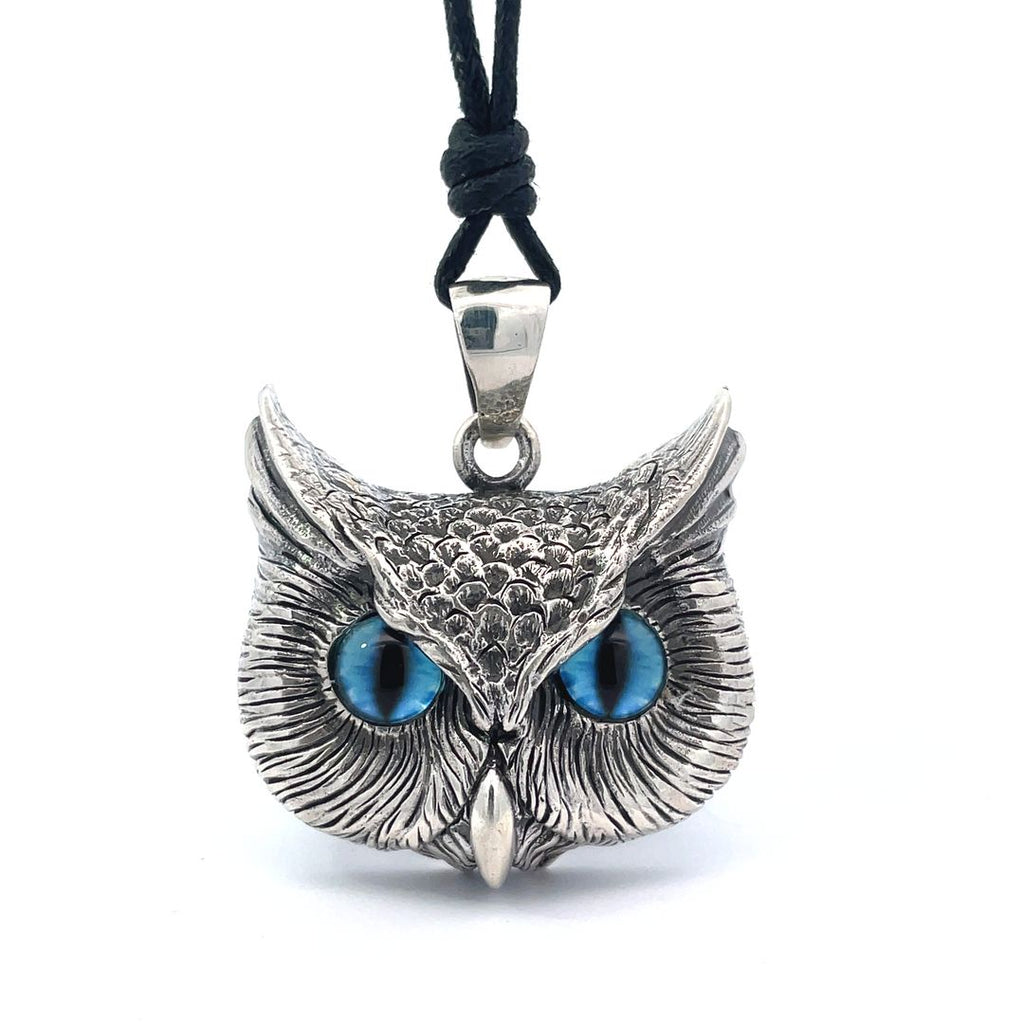 Vintage Gothic Owl Blue Eyes Large Size Sterling Silver Gold Brass Pendant Necklace