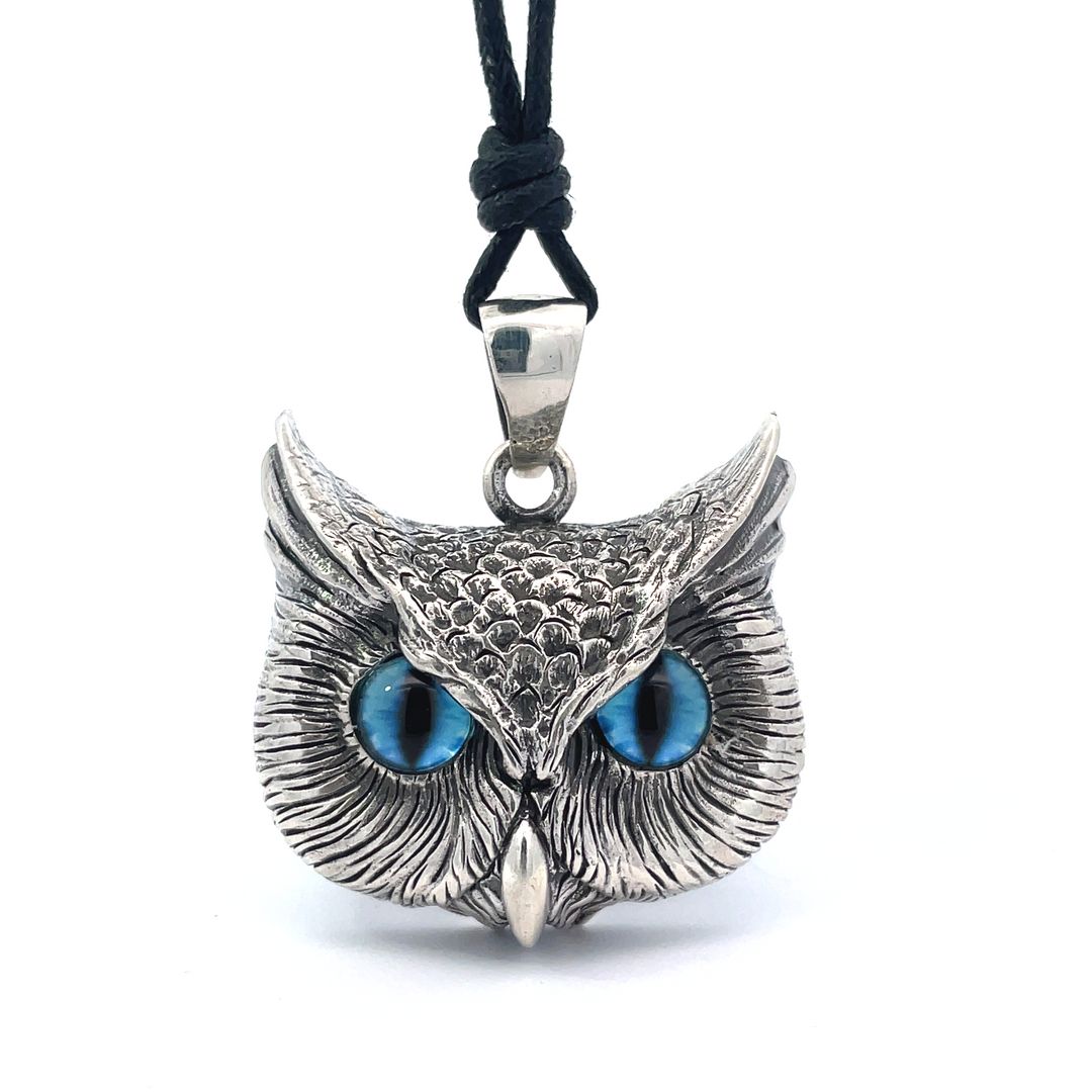Vintage Gothic Owl Blue Eyes Large Size Sterling Silver Pendant Necklace