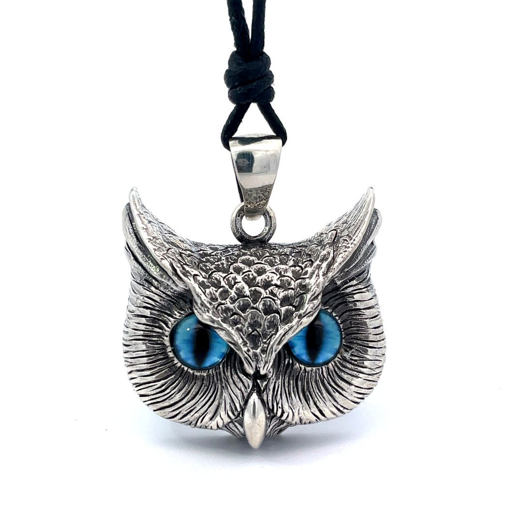 Vintage Gothic Owl Blue Eyes Large Size Sterling Silver Gold Brass Pendant Necklace