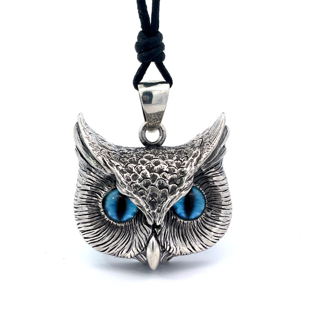 Vintage Gothic Owl Blue Eyes Large Size Sterling Silver Pendant Necklace